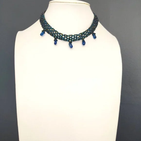Bule and multi color iridescent seed bead choker with blue glass beads - Picture 2 of 12